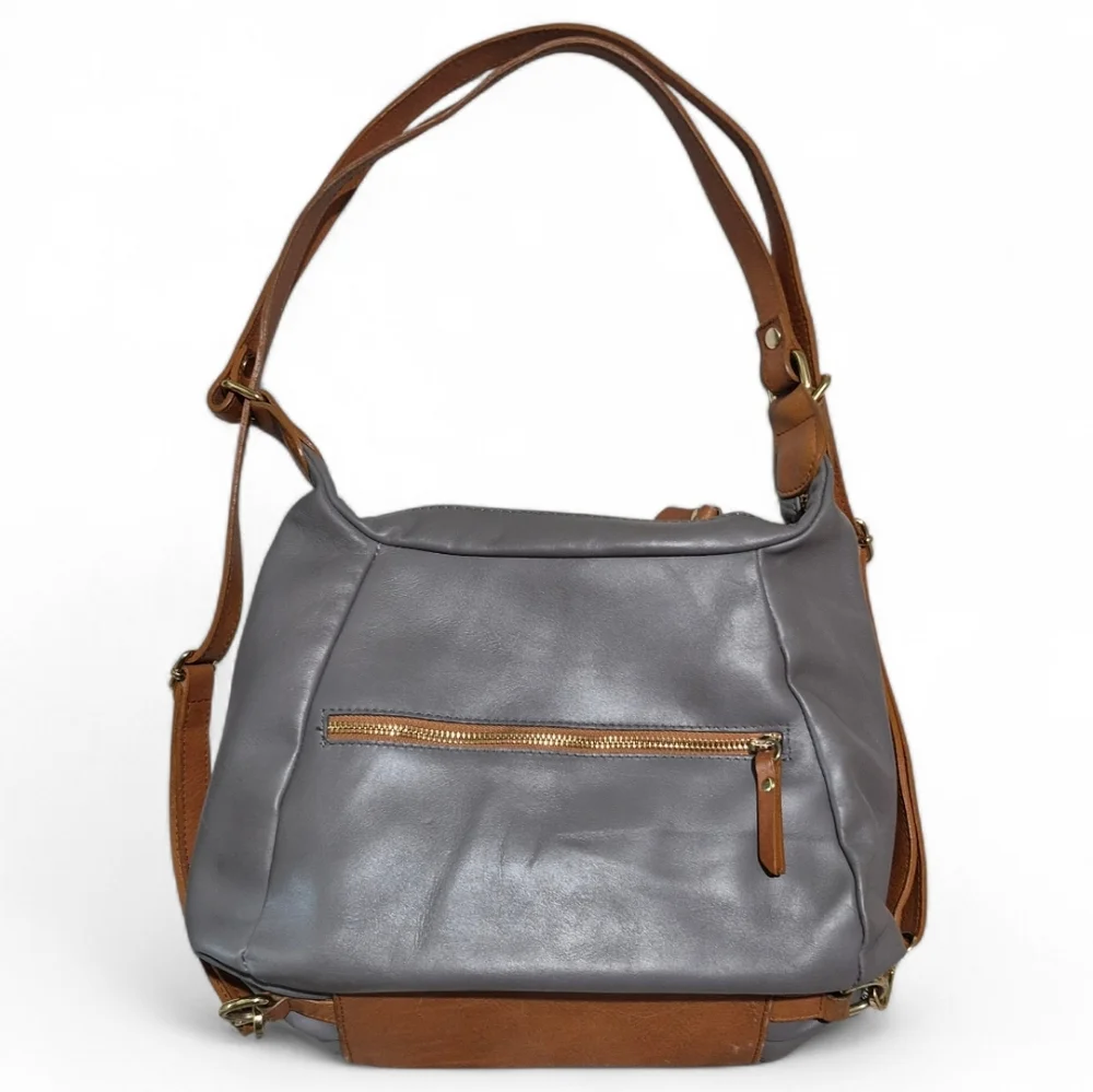 Valentina Gray Shoulder Bag with Brown Trim